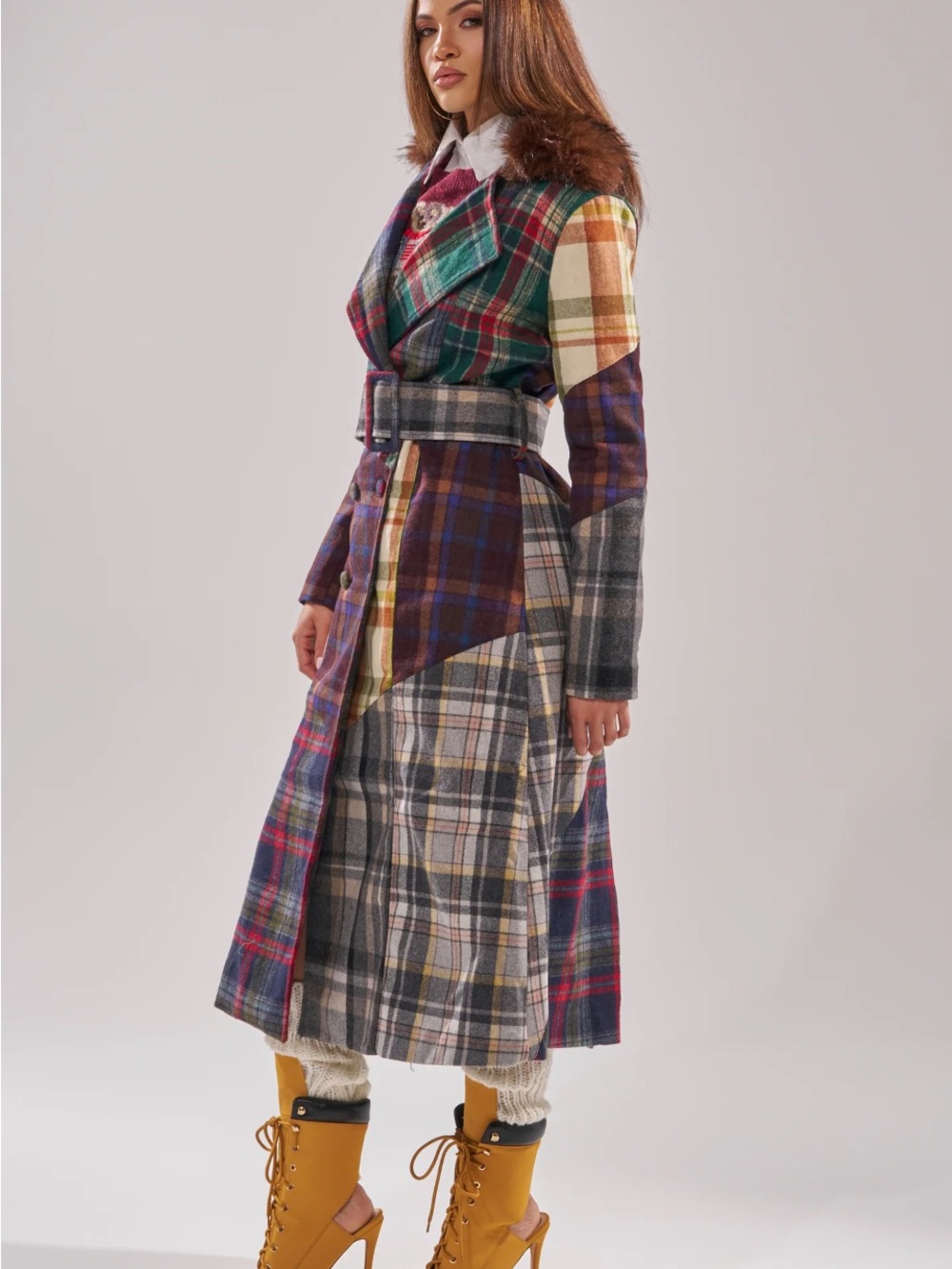 AKIRA Multicolor Plaid Wool Belted Trench Coat with Faux Fur Collar - Picture 2 of 4
